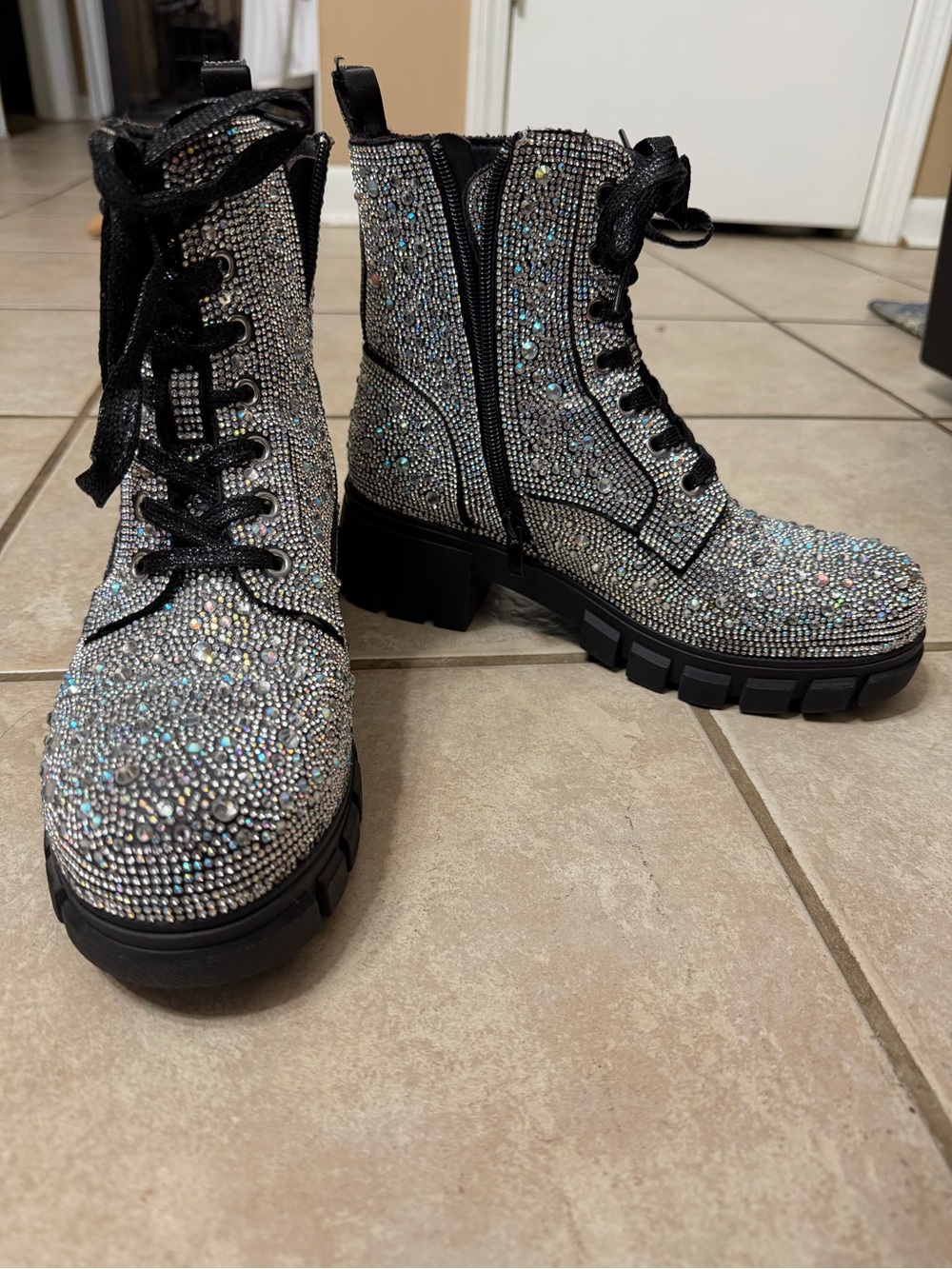 Corkys Crystal-Embellished Lace-Up Combat Boots - Black